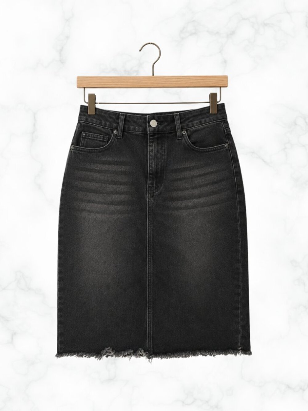 NWOT | Faded Denim Midi Skirt Size Large | 5 Pocket Raw Hem Back Slit | Large